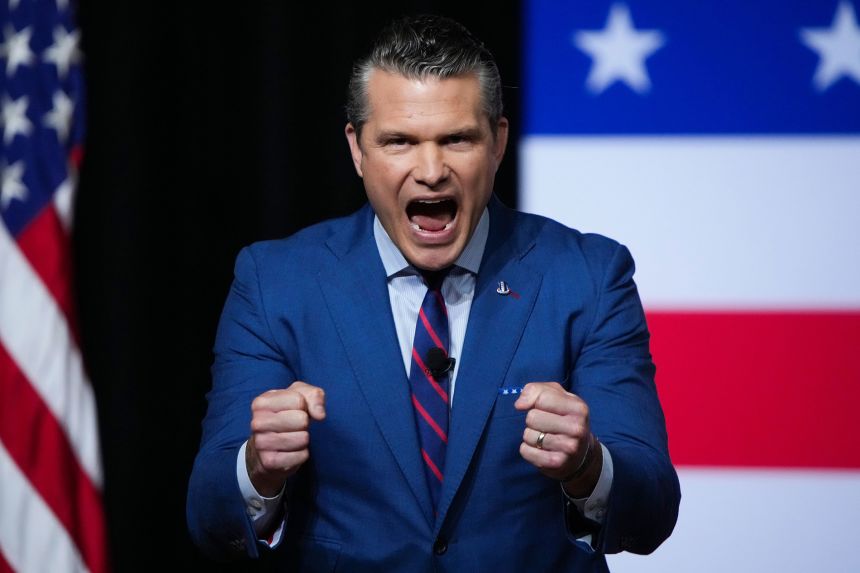 Secretary of Defense Pete Hegseth speaks to senior military leaders at Marine Corps Base Quantico on Monday.