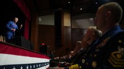 Secretary of Defense Pete Hegseth speaks to senior military leaders at Marine Corps Base Quantico on September 30, 2025.