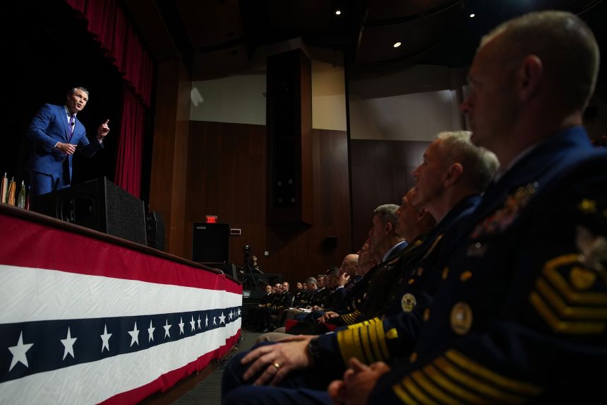 Secretary of Defense Pete Hegseth speaks to senior military leaders at Marine Corps Base Quantico on September 30, 2025.