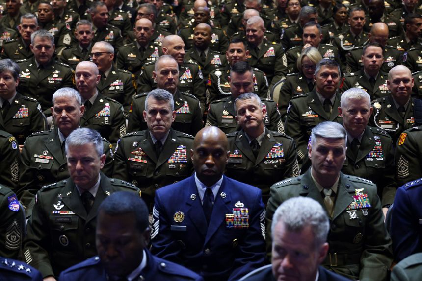 Senior military leaders look on at Marine Corps Base Quantico in Virginia, on September 30, 2025.