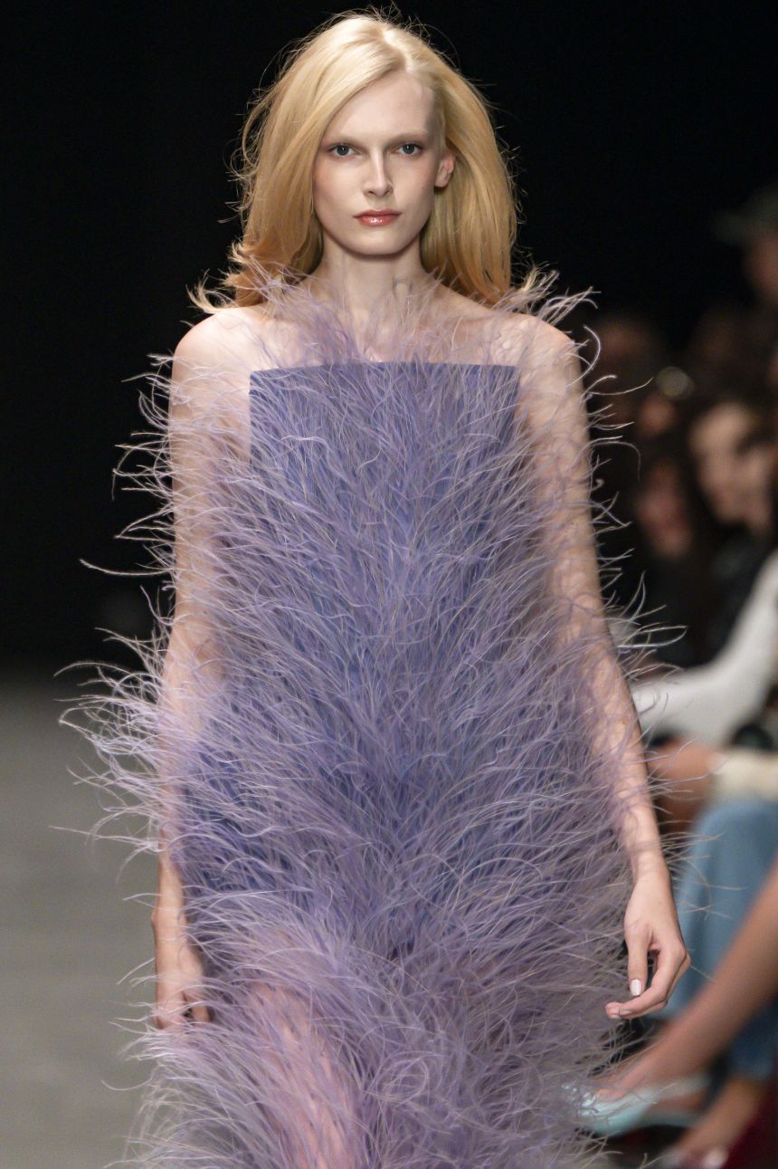 "Fevvers" at Stella McCartney, which were inspired by ostrich plumes but made from plant-based materials by Nicola Woollen and James West.