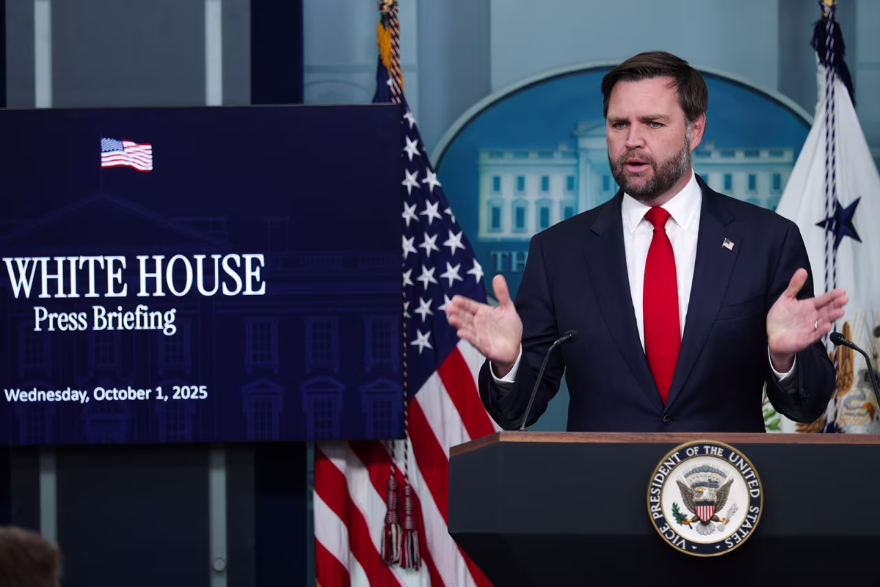 Vice President JD Vance speaks during the daily press briefing at the White House on Wednesday.