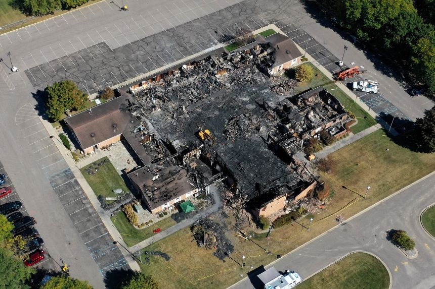 In this aerial view, the burned remains of the Church of Jesus Christ of Latter-day Saints, on October 1, in Grand Blanc, Michigan.