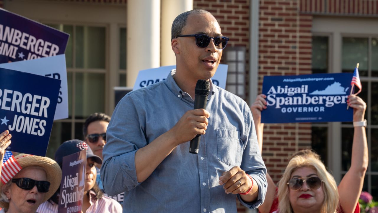 Jay Jones, who is running to become Virginia's attorney general in 2025, speaks to the audience during Abigail Spanberger's bus tour stop at Stacy C. Sherwood Community Center in Fairfax, Virginia, on June 26, 2025.