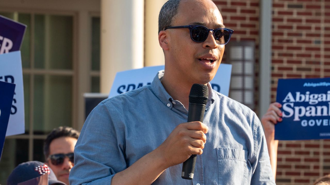 FAIRFAX, VA - JUNE 26: Jay Jones, who is running to become Virginia's attorney general in 2025, speaks to the audience during Abigail Spanberger's bus tour stop at Stacy C. Sherwood Community Center in Fairfax, Virginia on June 26, 2025. (Photo by Maxine Wallace/The Washington Post via Getty Images)