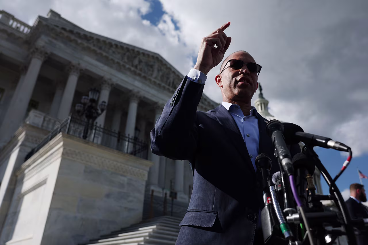 House Minority Leader Hakeem Jeffries speaks to reporters outside the Capitol Building on Thursday.