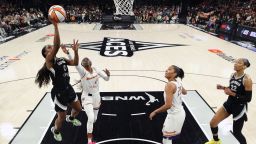 LAS VEGAS, NV - OCTOBER 5: Jackie Young #0 of the Las Vegas Aces drives to the basket during the game against the Phoenix Mercury during Game 2 of the 2025 WNBA Finals on October 5, 2025 at Michelob ULTRA Arena n Las Vegas, Nevada. NOTE TO USER: User expressly acknowledges and agrees that, by downloading and or using this photograph, User is consenting to the terms and conditions of the Getty Images License Agreement. Mandatory Copyright Notice: Copyright 2025 NBAE (Photo by Stephen Gosling/NBAE via Getty Images)