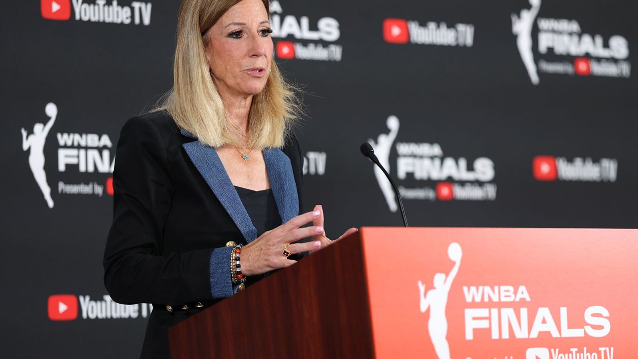 LAS VEGAS, NEVADA - OCTOBER 03: WNBA Commissioner Cathy Engelbert speaks to the media ahead of Game One of the 2025 WNBA Playoffs finals between the Las Vegas Aces and the Phoenix Mercury at Michelob ULTRA Arena on October 03, 2025 in Las Vegas, Nevada.  (Photo by Ian Maule/Getty Images)