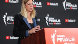 LAS VEGAS, NEVADA - OCTOBER 03: WNBA Commissioner Cathy Engelbert speaks to the media ahead of Game One of the 2025 WNBA Playoffs finals between the Las Vegas Aces and the Phoenix Mercury at Michelob ULTRA Arena on October 03, 2025 in Las Vegas, Nevada. (Photo by Ian Maule/Getty Images)