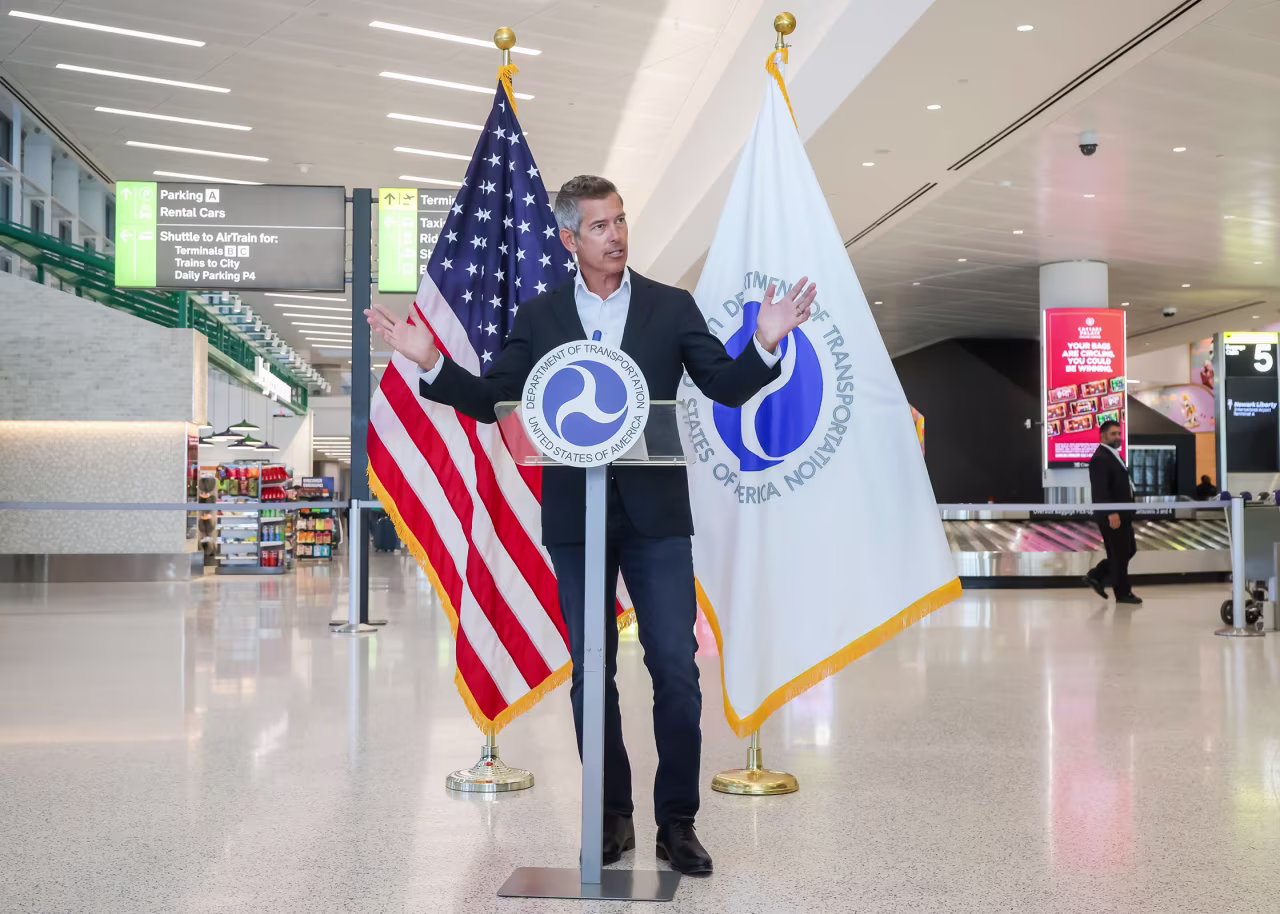 Transportation Secretary Sean Duffy speaks during a news conference at Newark Liberty International Airport in Newark, New Jersey, on October 6.