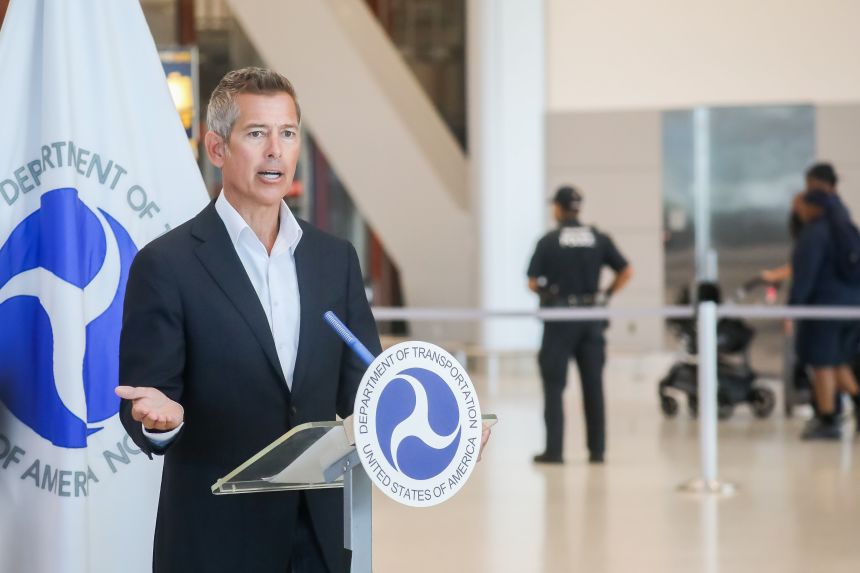 Sean Duffy, US secretary of transportation, speaks during a news conference at Newark Liberty International Airport in Newark, New Jersey, Monday.