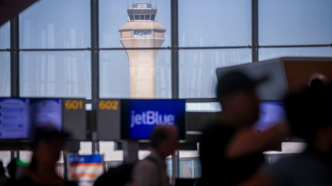 The air traffic control tower at Newark Liberty International Airport in Newark, New Jersey, is seen Monday.
