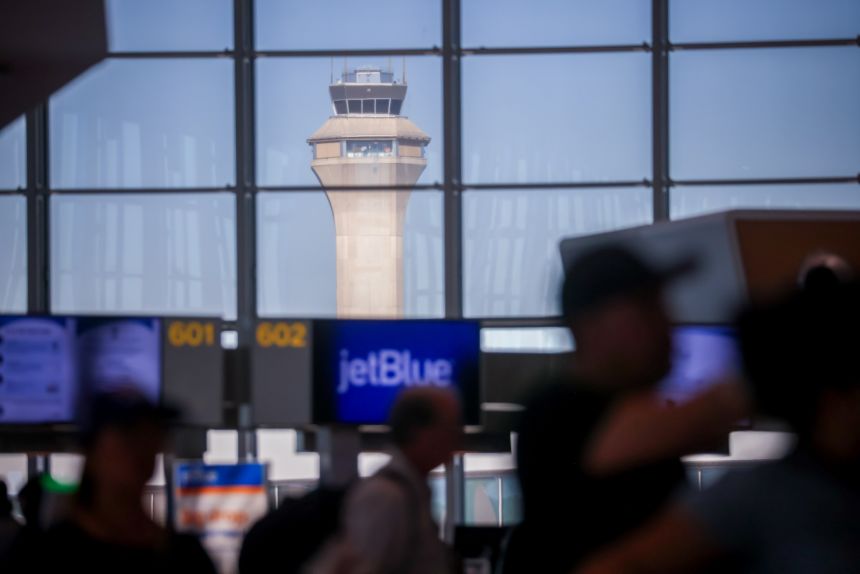 The air traffic control tower at Newark Liberty International Airport in Newark, New Jersey, is seen Monday.