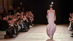 A model walks Balenciaga's Spring-Summer 2026 fashion show at Paris Fashion Week. It's the first collection for the brand by designer Pierpaolo Piccioli.