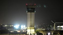 A dark and unstaffed air traffic control tower is seen at the Hollywood Burbank Airport on October 6, 2025