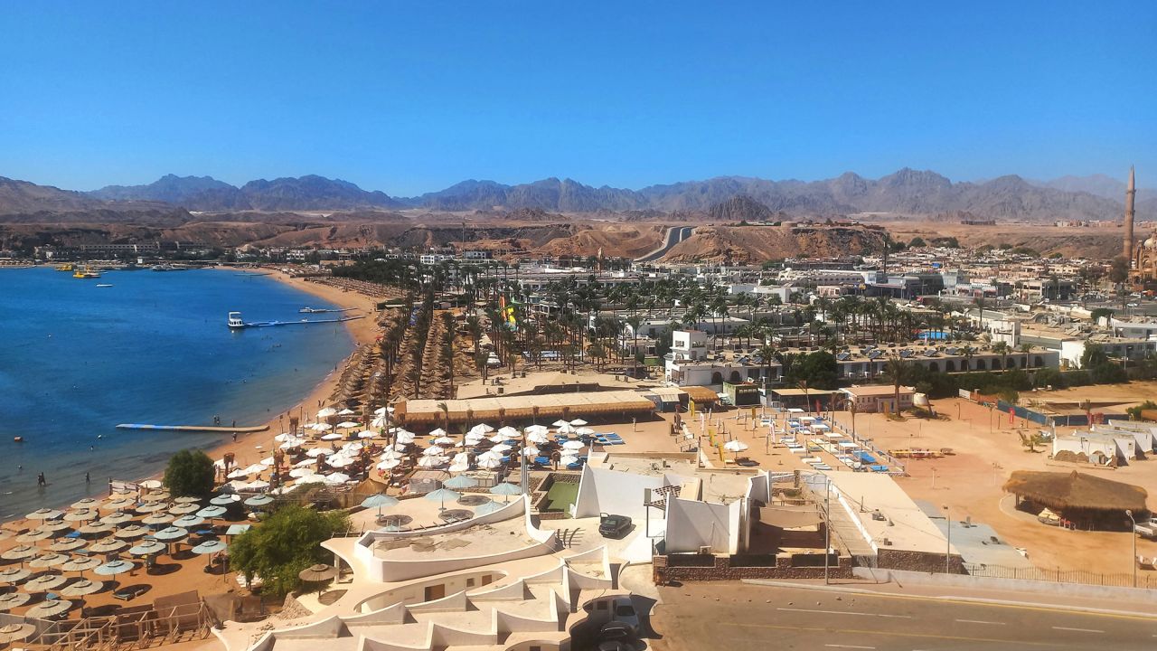 TOPSHOT - This picture shows a general view of Egypt's Red Sea city of Sharm el-Sheikh where Israeli and Hamas officials talks are going on for the second day, on October 7, 2025. Negotiators from the Palestinian Hamas movement and Israel began on October 6 indirect talks in the Egyptian resort town over a US-proposed plan for ending the nearly two-year war in Gaza, Egyptian state-linked media reported. (Photo by AFP) (Photo by STR/AFP via Getty Images)          