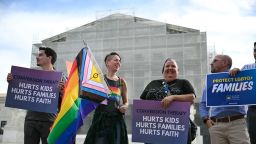 Demonstrators protest against conversion therapy outside the US Supreme Court in Washington, DC, as the Court hears oral arguments in Chiles v. Salazar, a landmark case on conversion therapy, on October 7, 2025.