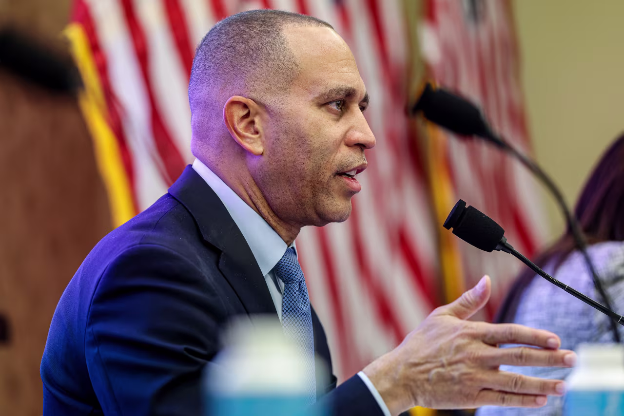 House Minority Leader Hakeem Jeffries speaks during a House Democrat meeting on healthcare, on Wednesday.