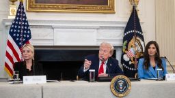 Pam Bondi, US attorney general, from left, US President Donald Trump, and Kristi Noem, secretary of the US Department of Homeland Security (DHS), during a roundtable on Antifa in the State Dining Room of the White House in Washington, DC, US, on Wednesday, Oct. 8, 2025. Trump instructed members of his cabinet to move to declare Antifa a foreign terrorist organization at an event that highlighted his efforts to crack down on the loose collective of far left-wing groups. Photographer: Francis Chung/Politico/Bloomberg via Getty Images