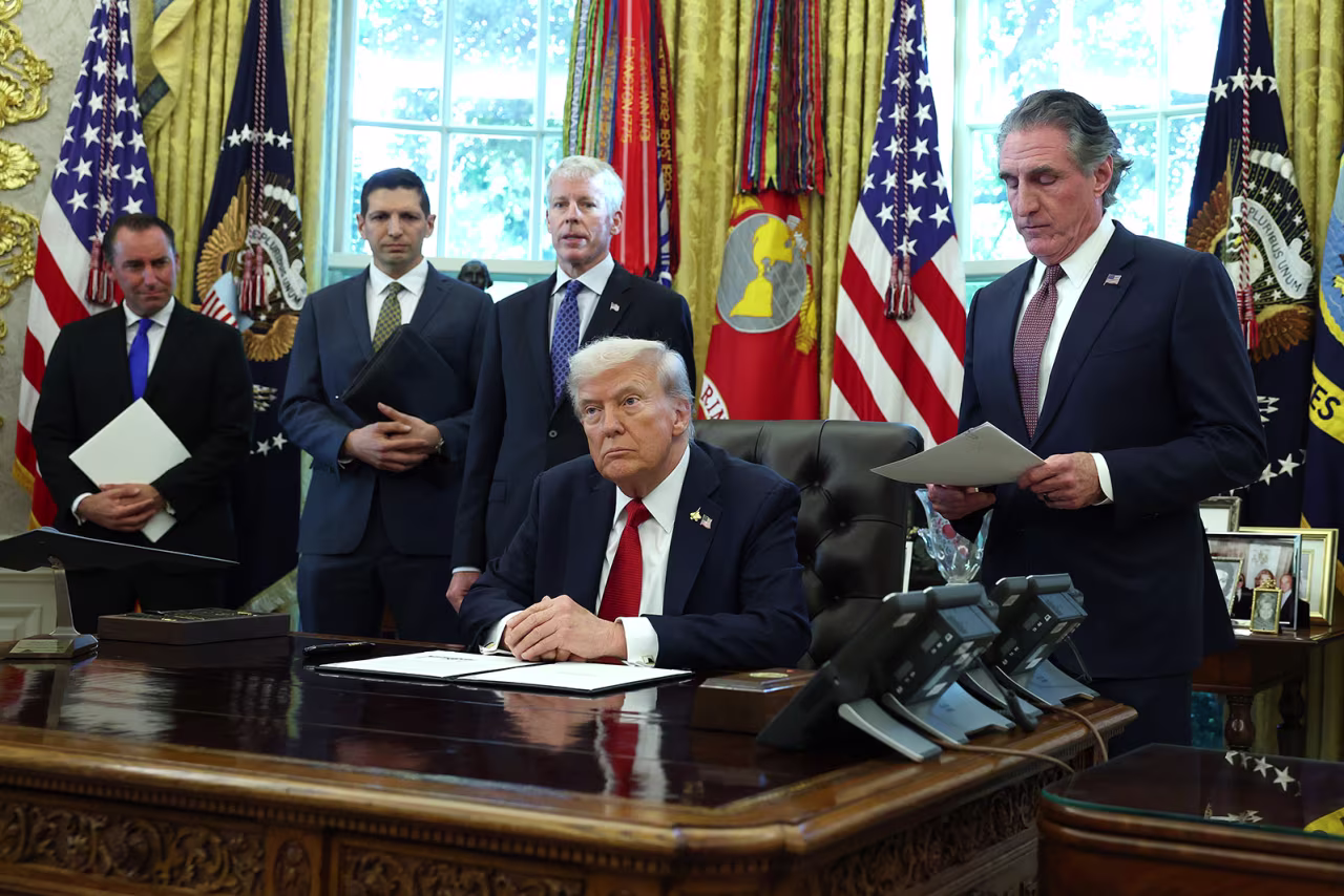 President Donald Trump, joined by Interior Secretary Doug Burgum, Energy Secretary Chris Wright, and other administration officials, speaks in the Oval Office at the White House on Monday in Washington, DC.
