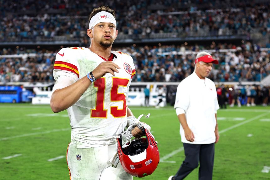 Patrick Mahomes reacts after the game.