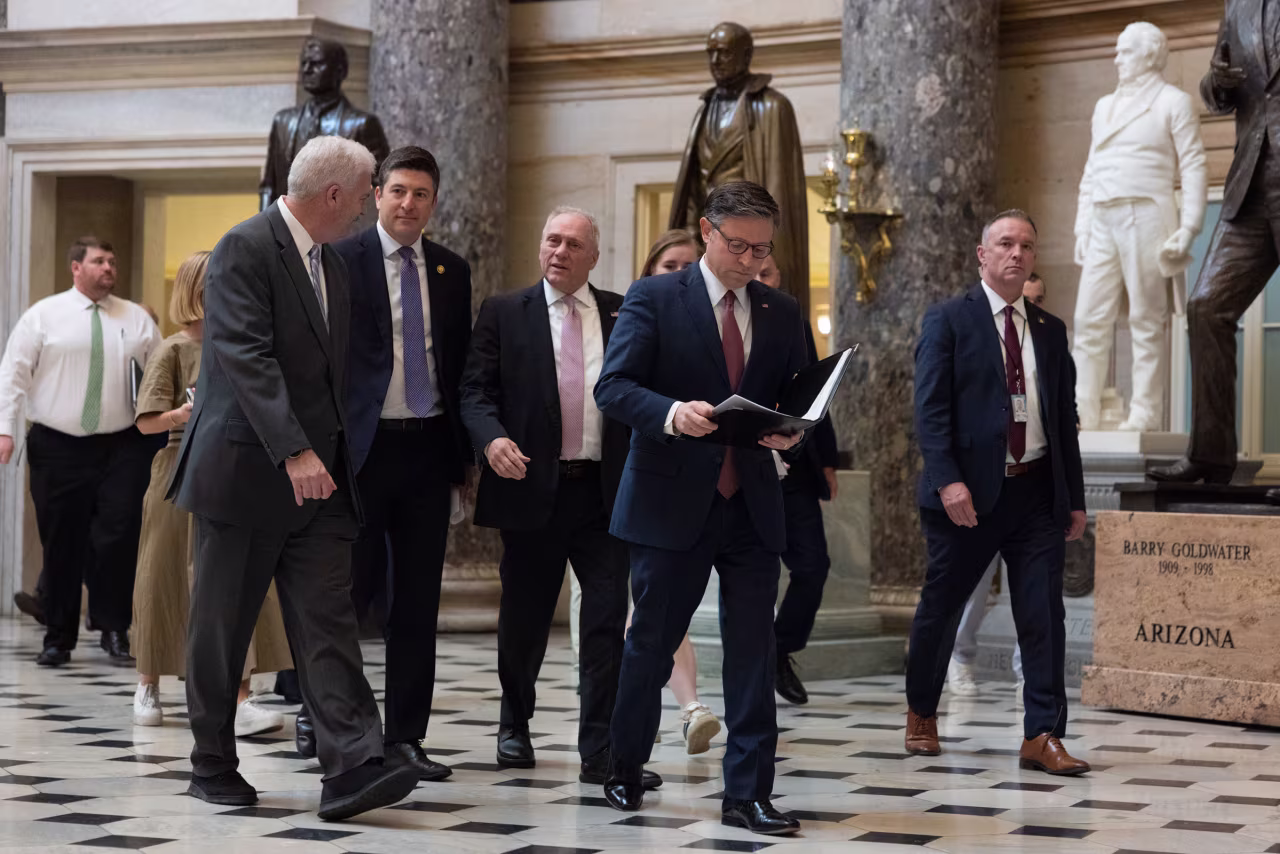 Speaker of the House Mike Johnson and other House Republican leaders arrive for a press conference on Friday.