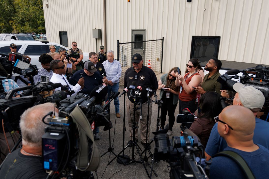 Humphreys County Sheriff Chris Davis speaks to media at Accurate Energetic Systems in McEwen, Tennessee, on Friday.