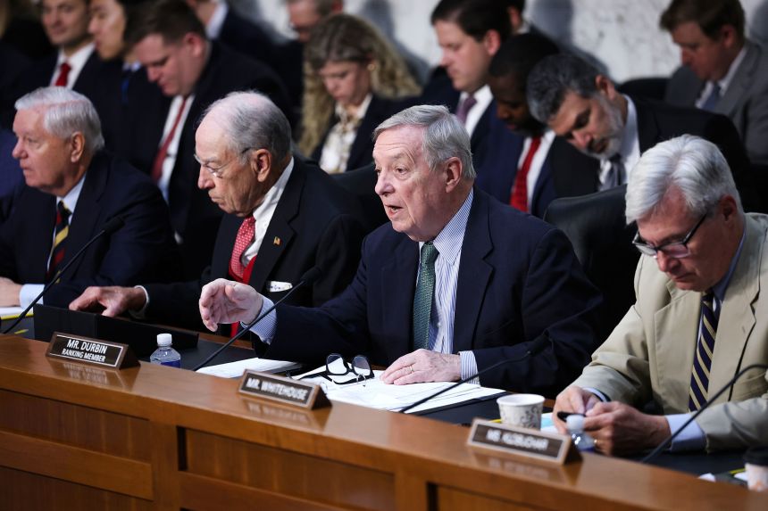 Ranking Member Sen. Richard Durbin questions Attorney General Pam Bondi during the hearing.