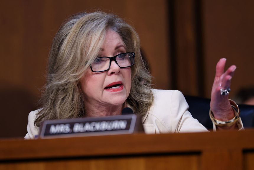 Sen. Marsha Blackburn speaks during a Senate Judiciary Committee hearing with Attorney General Pam Bondi on Tuesday.