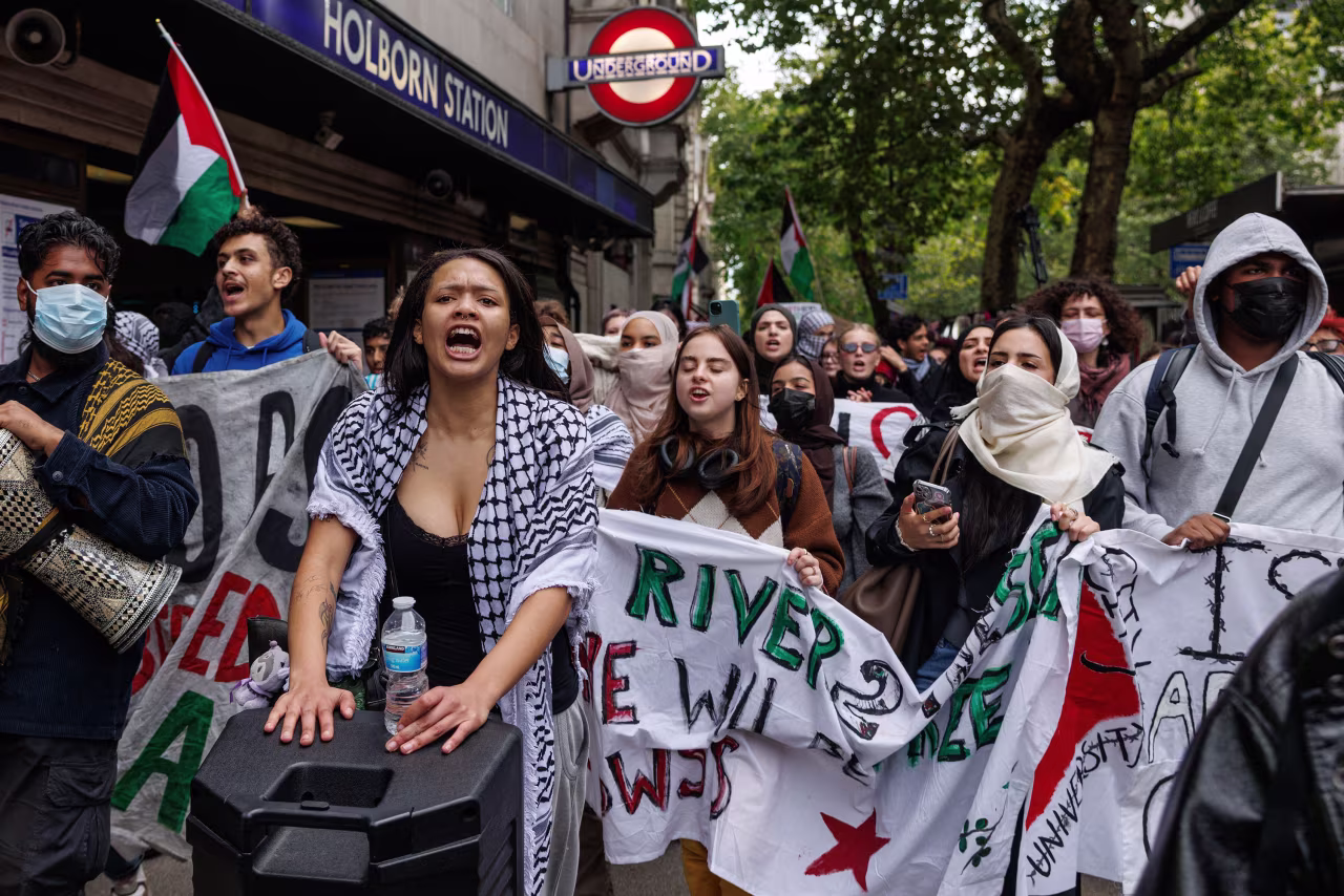 Protesters participate in a pro-Palestinian demonstration in London on Tuesday.