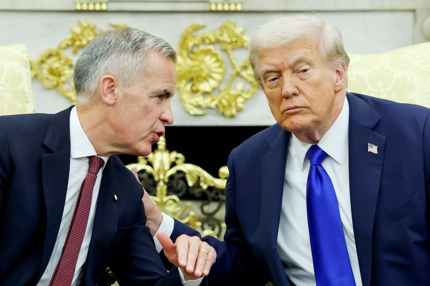 U.S. President Donald Trump (right) and Canadian Prime Minister Mark Carney speak to reporters in the Oval Office of the White House on October 7, 2025, in Washington, DC.