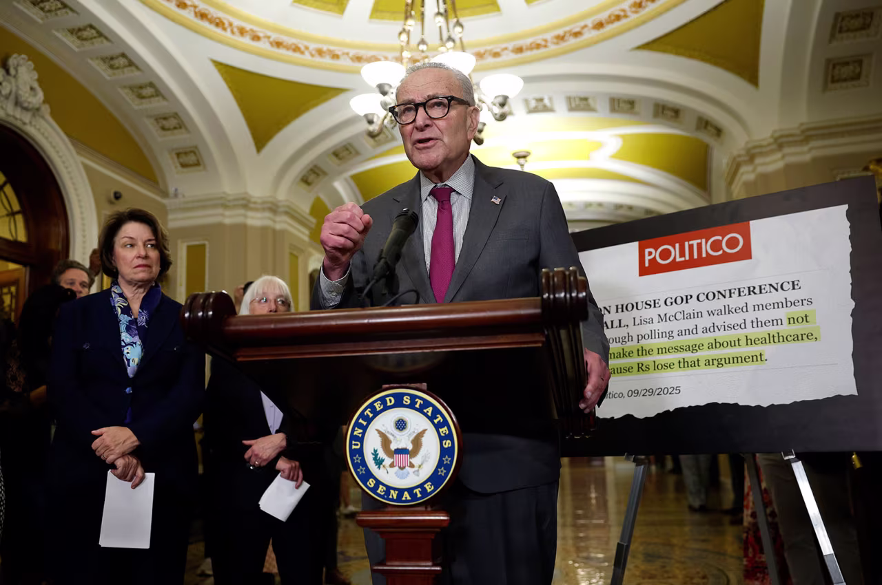 Senate Minority Leader Chuck Schumer speaks following the Democratic Senate Policy Luncheon at the US Capitol on Tuesday, in Washington, DC.