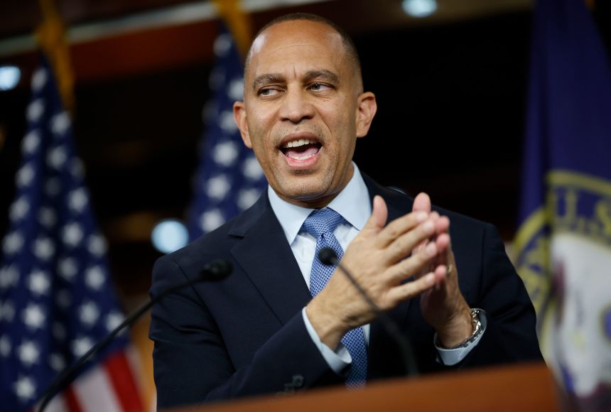 House Minority Leader Hakeem Jeffires speaks at a press conference on the government shutdown at the US Capitol on October 8, 2025.