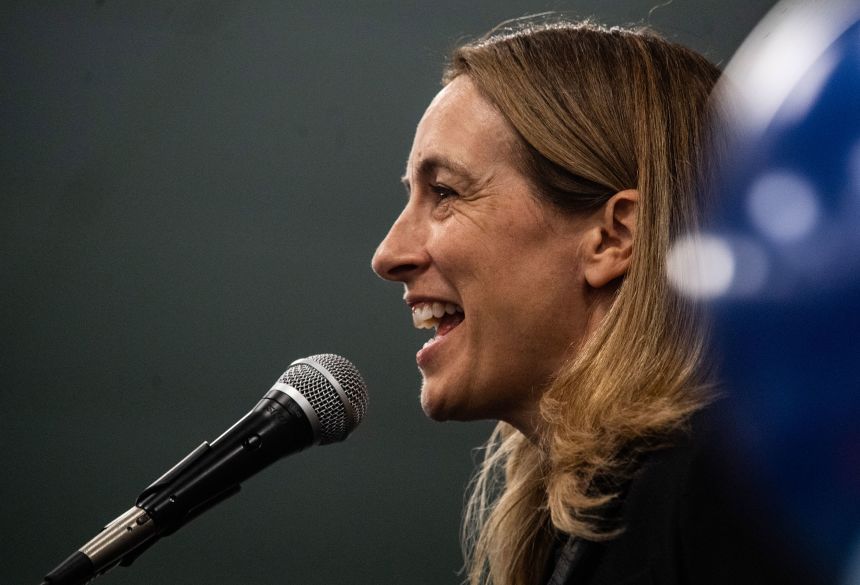 Democratic candidate for New Jersey governor Mikie Sherrill speaks to a crowd in Westville, New Jersey, on October 11, 2025.