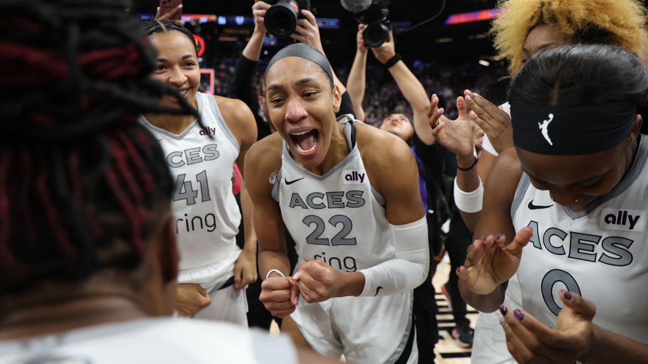 A'ja Wilson #22 of the Las Vegas Aces celebrates after winning game four of the 2025 WNBA Playoffs finals at Mortgage Matchup Center in Phoenix, Arizona on October 10, 2025.