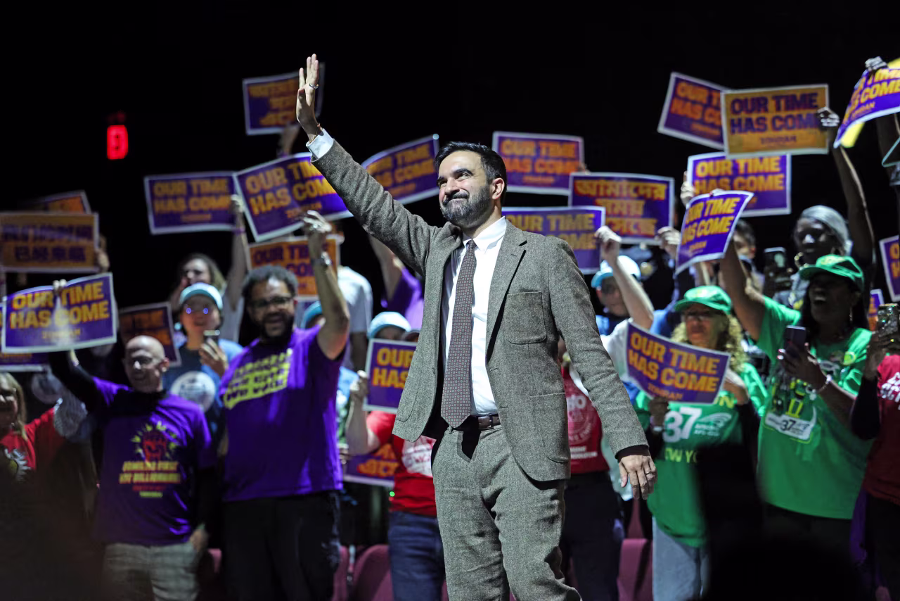 New York City Democratic mayoral candidate Zohran Mamdani waves after speaking during a rally in Washington Heights, New York on Monday.