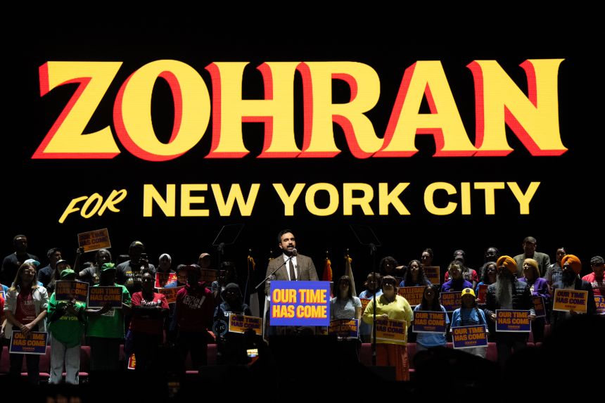 Zohran Mamdani speaks during a campaign rally at United Palace in New York City on October 13, 2025.