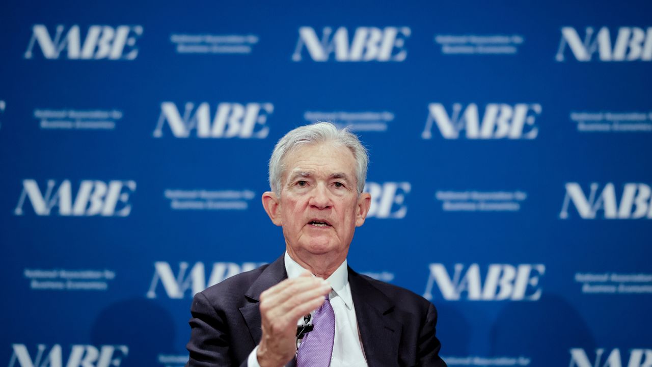 Federal Reserve Chair Jerome Powell speaks during the National Association of Business Economics meeting in Philadelphia, Pennsylvania, on October 14, 2025.