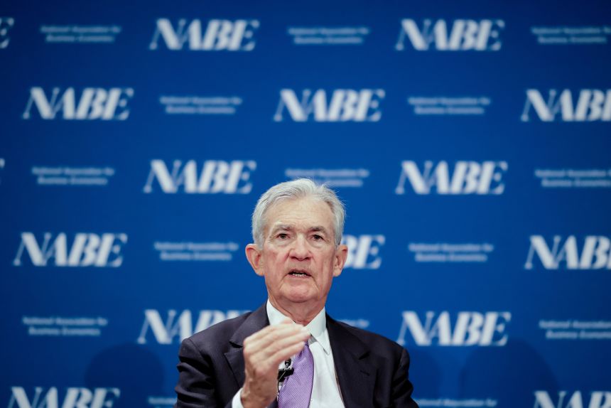 Federal Reserve Chair Jerome Powell speaks during the National Association of Business Economics meeting in Philadelphia, Pennsylvania, on October 14, 2025.