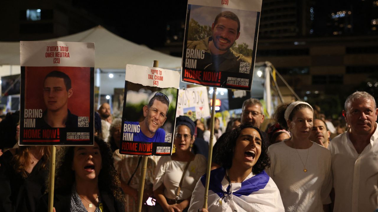Israeli protesters gather at the Hostage Square in Tel Aviv on October 14, 2025, to call for the release of all the bodies of Israeli hostages being held in Gaza.