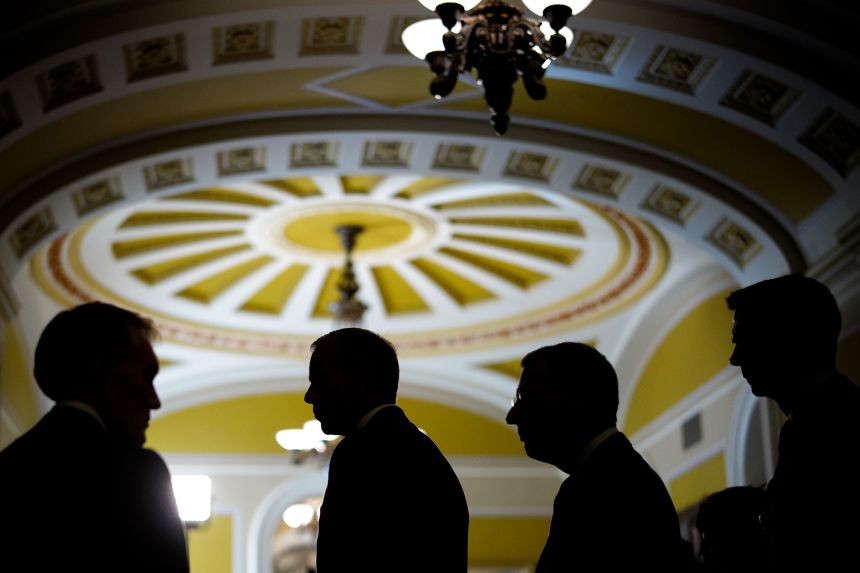 (Left to right) Sen. James Lankford (R-OK), Senate Majority Leader John Thune (R-SD), Senate Majority Whip John Barrasso (R-WY), and Sen. Tom Cotton (R-AR) step away from reporters following a Republican policy luncheon at the U.S. Capitol Building on October 15, in Washington, DC.