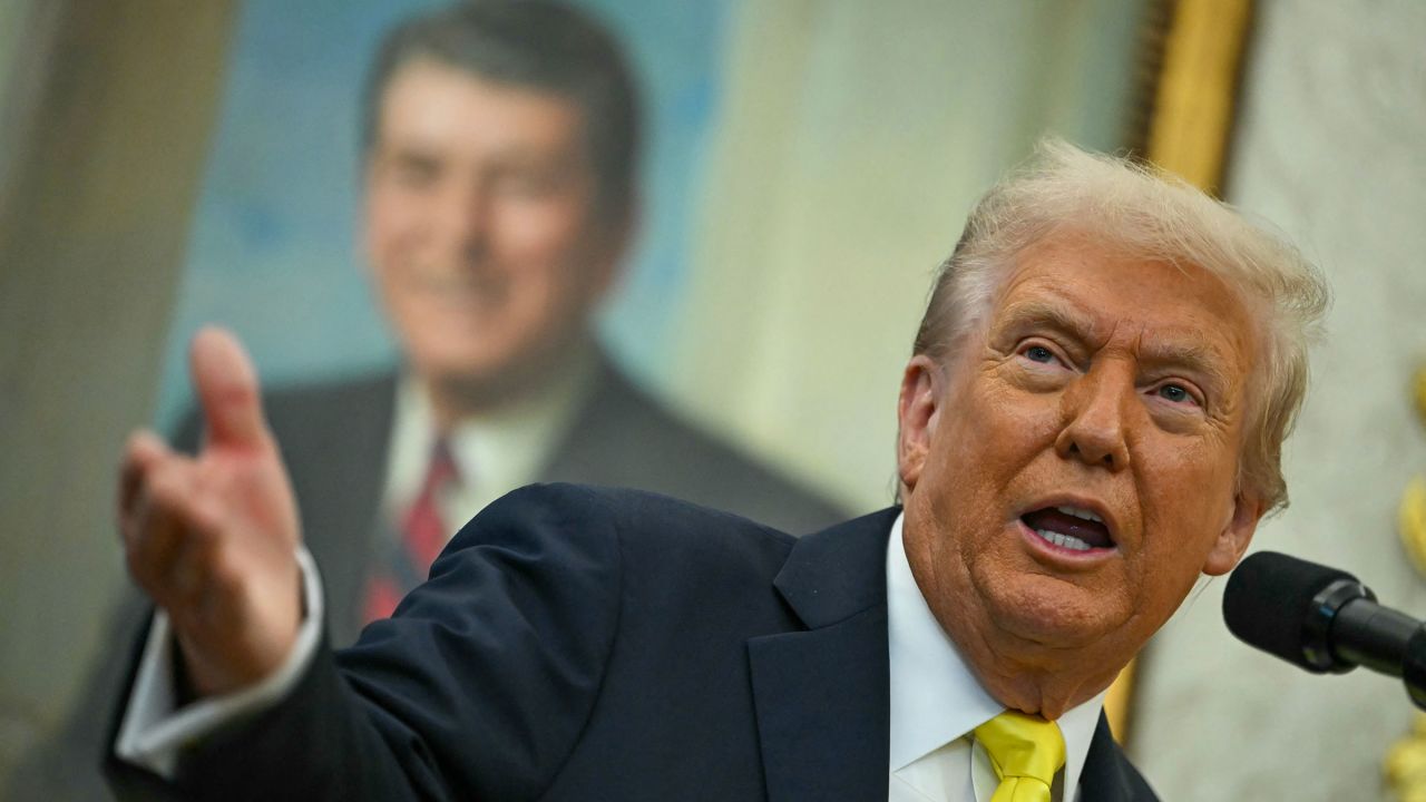 President Donald Trump speaks during a press conference in the Oval Office of the White House on Wednesday.