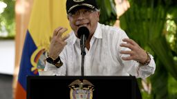 Colombia's President Gustavo Petro delivers a speech during a ceremony to destroy war material in Puerto Asis, Colombia on October 15, 2025. Petro said on october 15, 2025, he would boycott an upcoming US-supported Summit of the Americas, deepening a rift with Washington -- which has already stripped him of a US visa. (Photo by David SALAZAR / AFP) (Photo by DAVID SALAZAR/AFP via Getty Images)          
