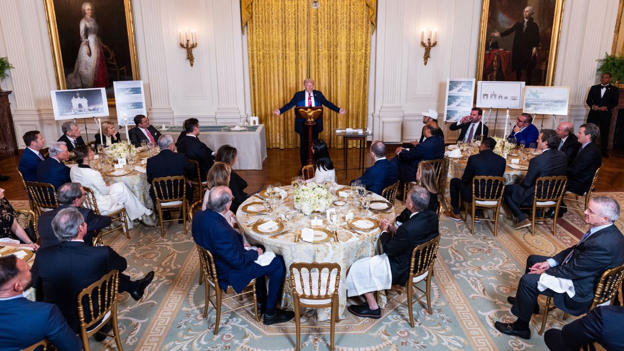 US President Donald Trump speaks during a dinner in the East Room of the White House in Washington, DC, US, on Wednesday, Oct. 15, 2025. Trump will host billionaires and corporate executives, including Blackstone Inc.'s Steve Schwarzman, Continental Resources Inc.'s Harold Hamm and crypto billionaires Tyler and Cameron Winklevoss, at a dinner Wednesday to highlight a new White House ballroom construction project. Photographer: Jim Lo Scalzo/EPA/Bloomberg via Getty Images