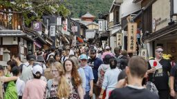 Foreign tourists pack Kiyomizuzaka near Kiyomizu temple in Kyoto, western Japan, on Oct. 15, 2025. The number of foreign visitors to Japan between January and September was around 31.65 million, marking the fastest pace on record in surpassing 30 million within a year.