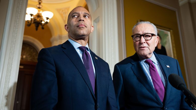 House Minority Leader Hakeem Jeffries and Senate Minority Leader Chuck Schumer speak during a news conference in the US Capitol on October 16.