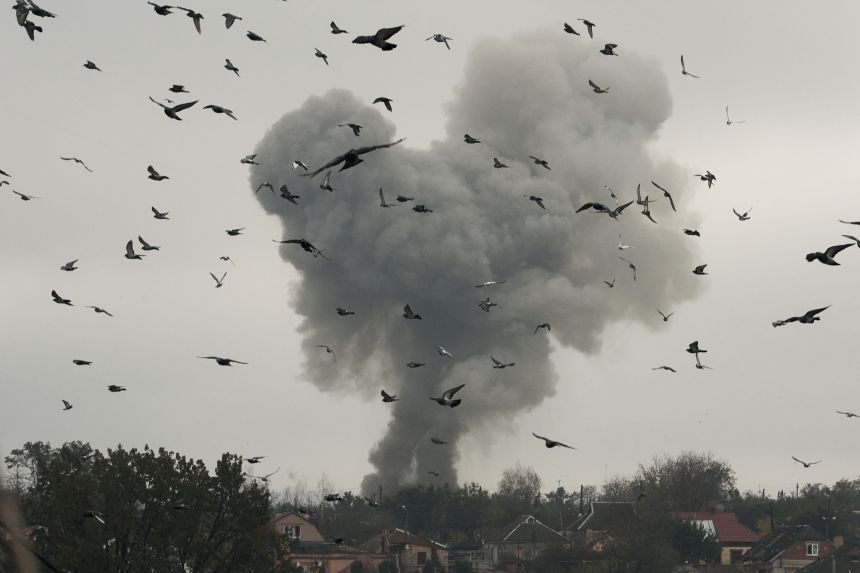 A powerful explosion erupts on the horizon in the frontline city of Kostiantynivka in Kostiantynivka, Ukraine on Thursday.
