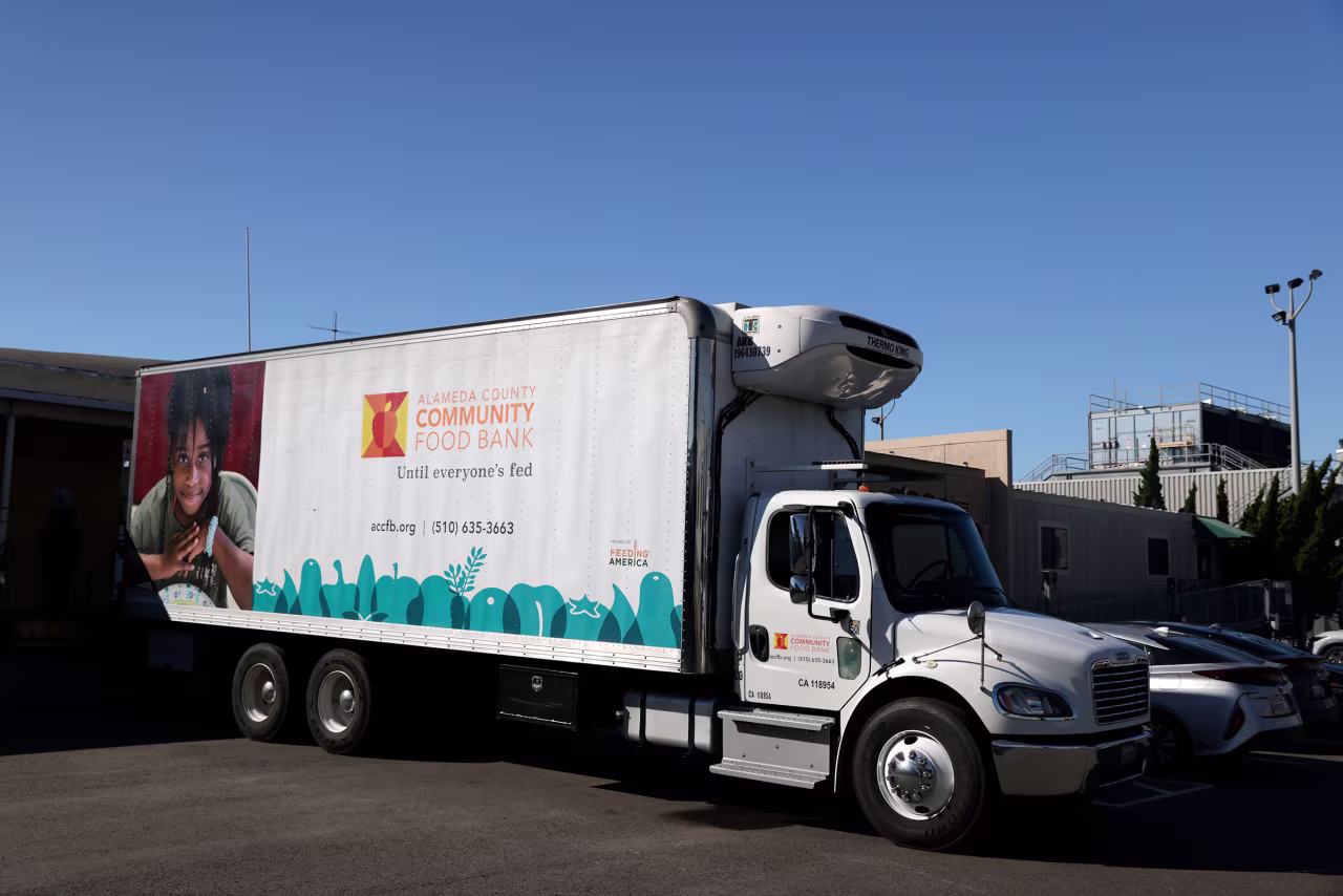 A truck from Alameda County Community Food Bank arrives at the Oakland International Airport in California on October 16, to distribute goods to TSA agents impacted by the government shutdown.