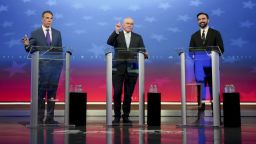 Andrew Cuomo (left), running as an independent for New York City mayor, Republican nominee Curtis Sliwa (center) and Democratic nominee Zohran Mamdani participate in a mayoral debate at Rockefeller Center on October 16, 2025 in New York City.