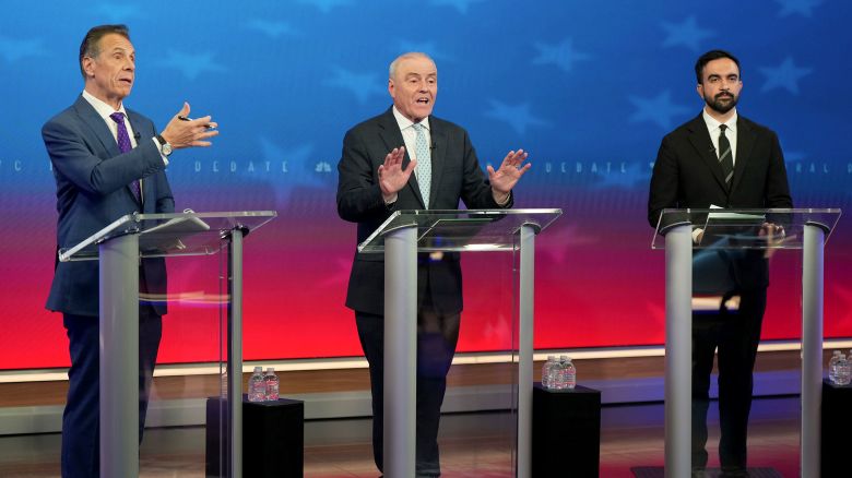 New York mayoral candidates, from left, independent candidate Andrew Cuomo, Republican nominee Curtis Sliwa and Democratic nominee Zohran Mamdani participate in a mayoral debate at Rockefeller Center in New York on October 16.